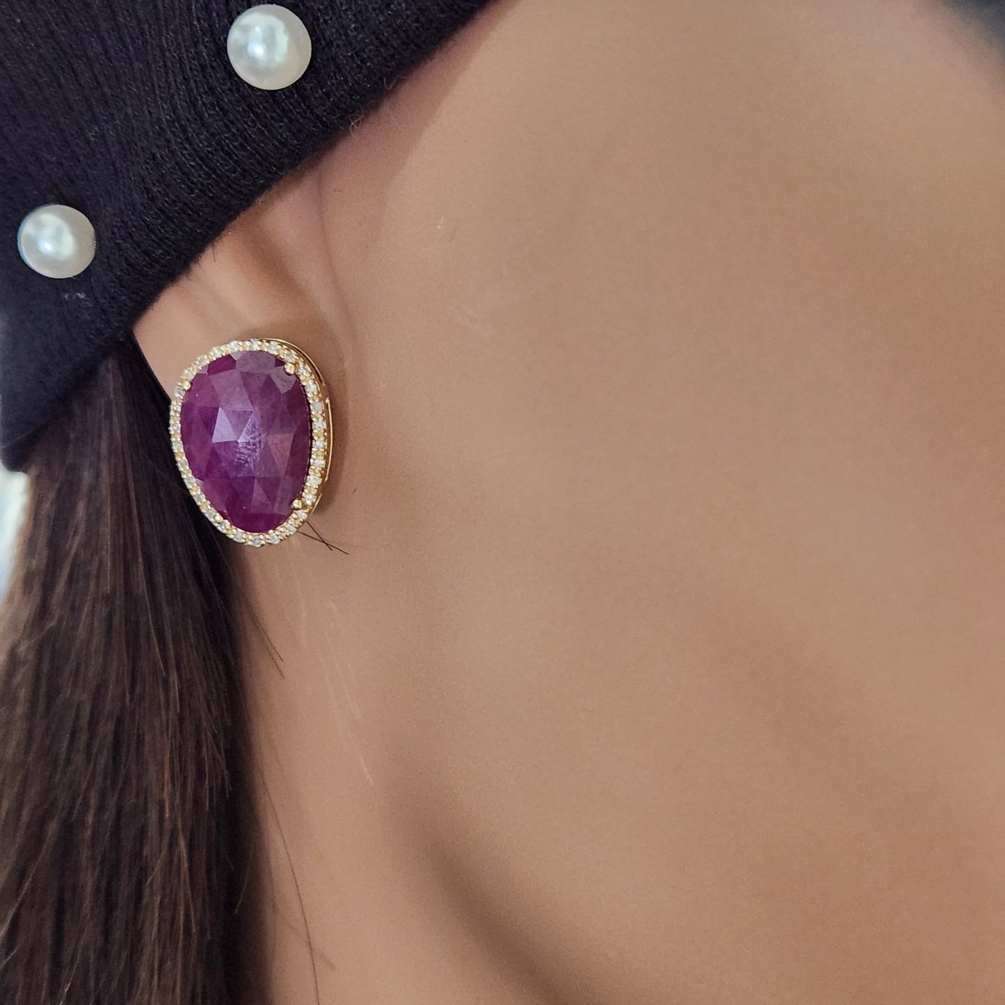 10K Gold Ruby and Diamond Natural Shaped Stud Earring