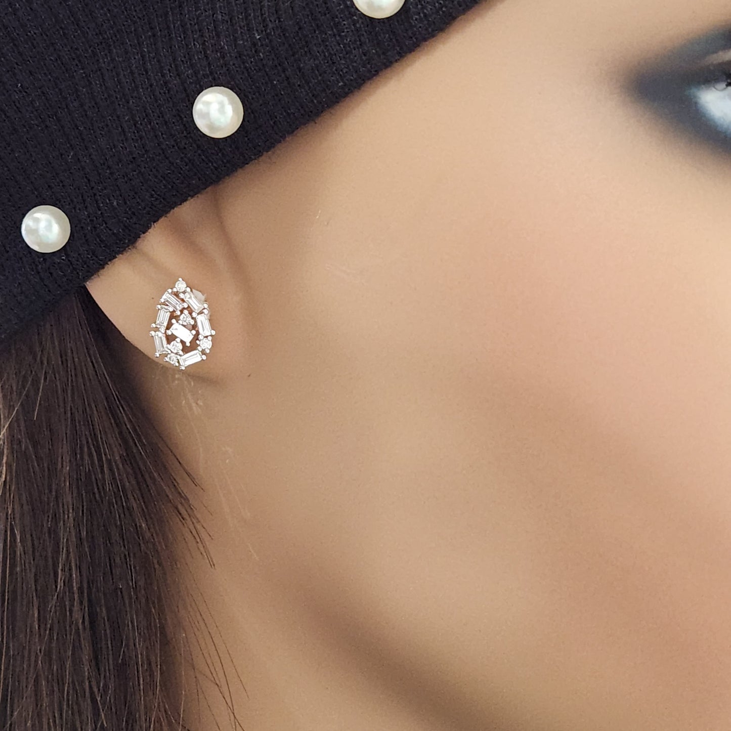 10K Rose Gold Diamond Baguettes Teardrop Stud Earrings