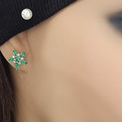 10K Gold Diamond and Emerald Flower Stud Earrings