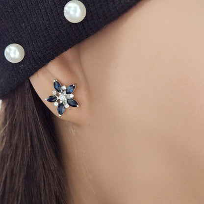 10K Gold Diamond and Sapphire Flower Stud Earrings