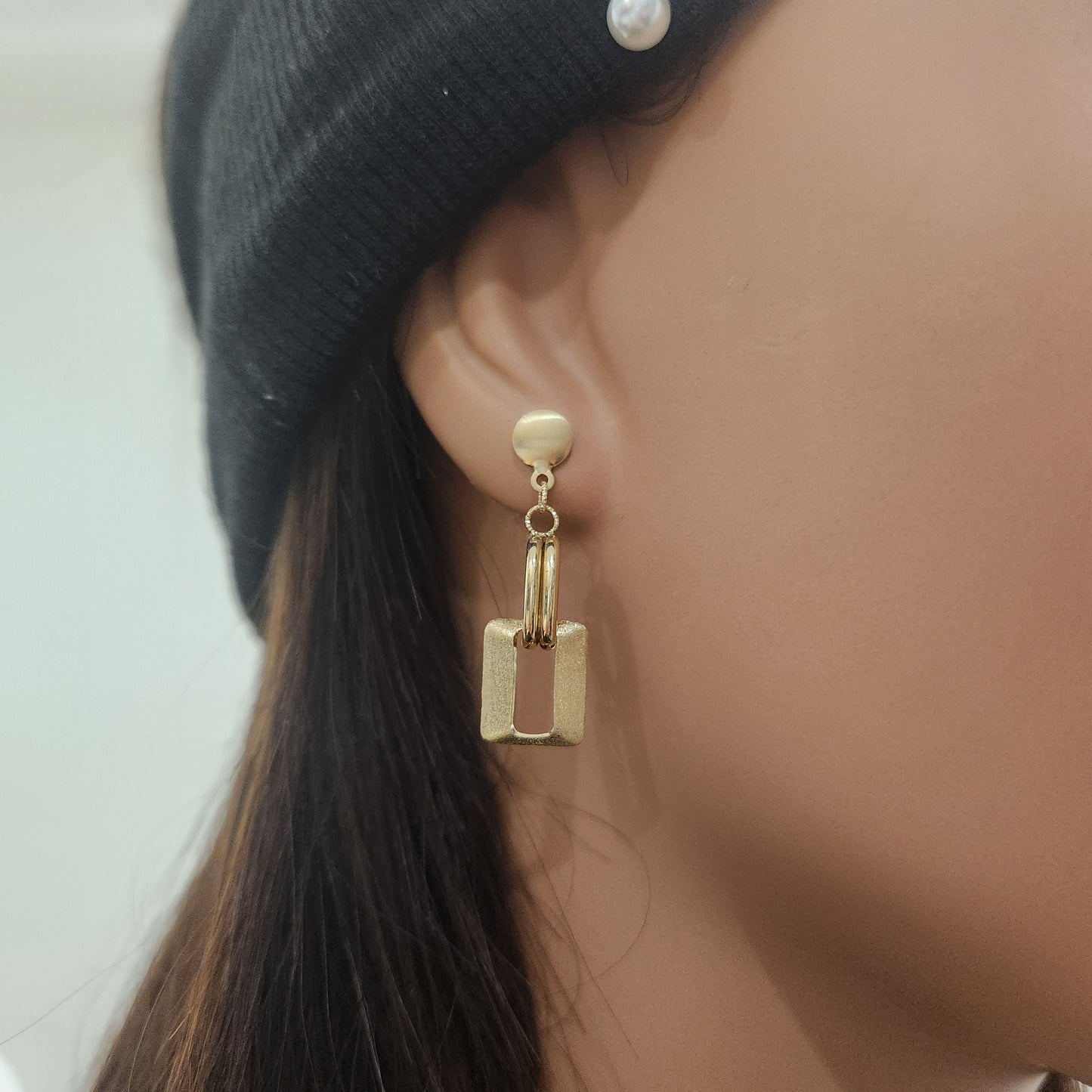 14K Brushed Gold Dangling Rectangular Shape Earrings