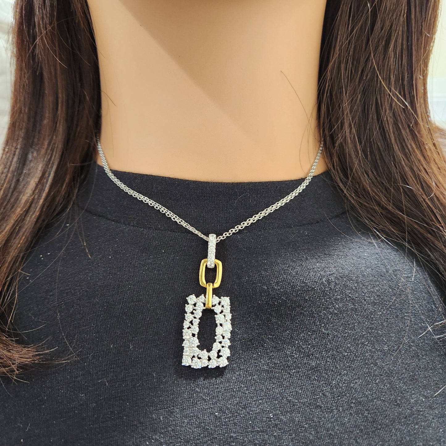 Sterling Silver Rectangular Shaped CZ Two Tone Necklace