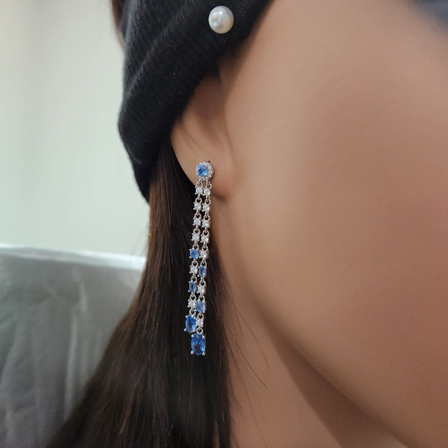 Sterling Silver Double Strand Light Blue and Clear CZ Earrings