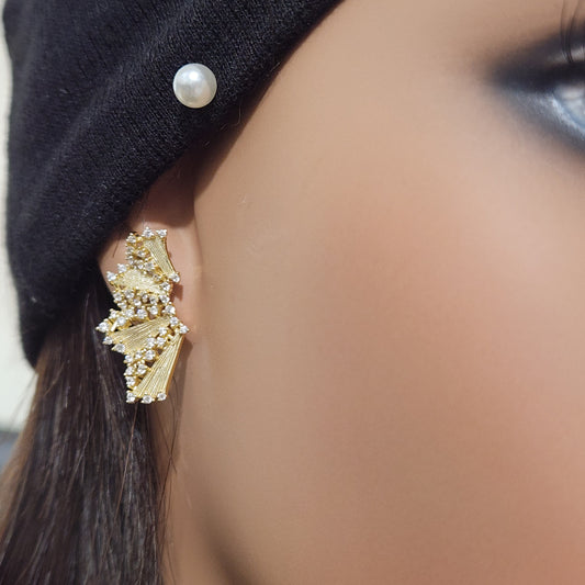Sterling Silver Gold Plated Cascading Fan With CZ Stud Earrings