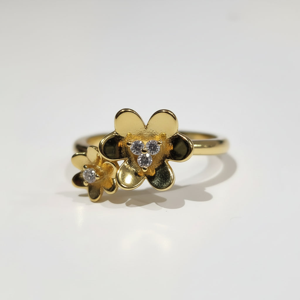 Gold Plated Sterling Silver Shiny Double Flower With CZ Size 8 Ring