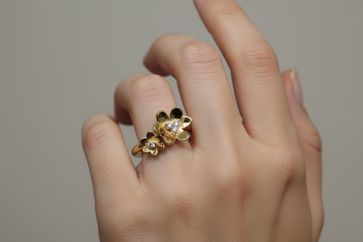 Gold Plated Sterling Silver Shiny Double Flower With CZ Size 8 Ring