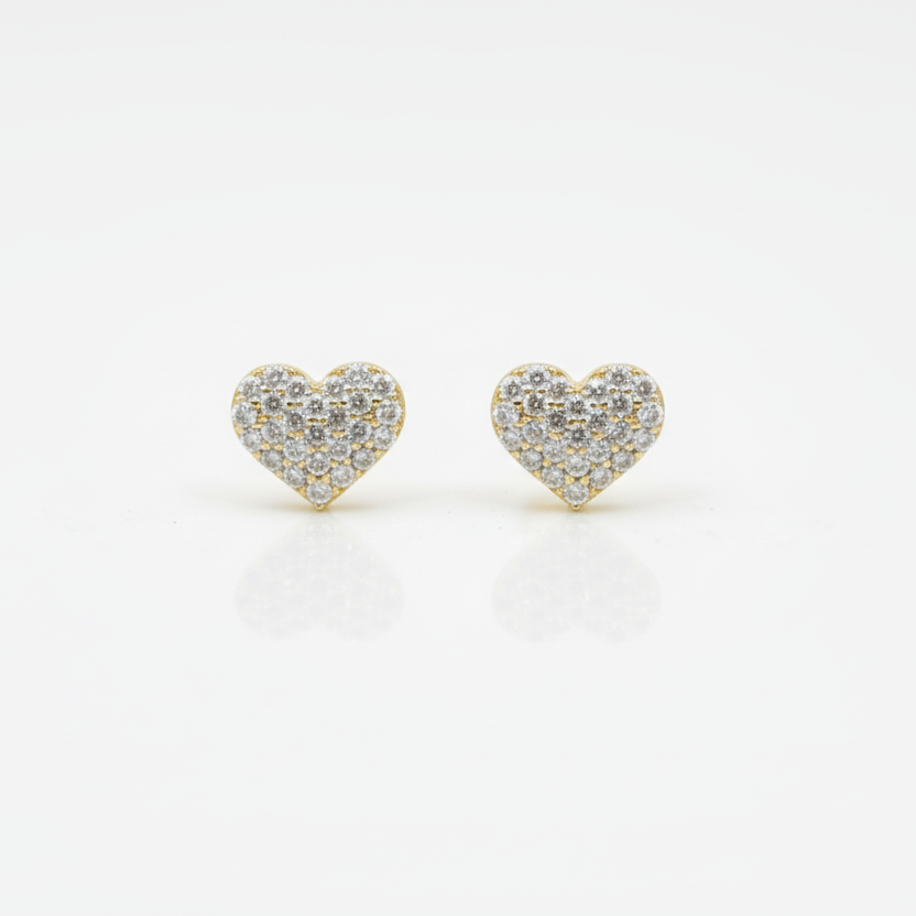 14k Gold Micropave CZ Heart Stud Earrings with Screwback