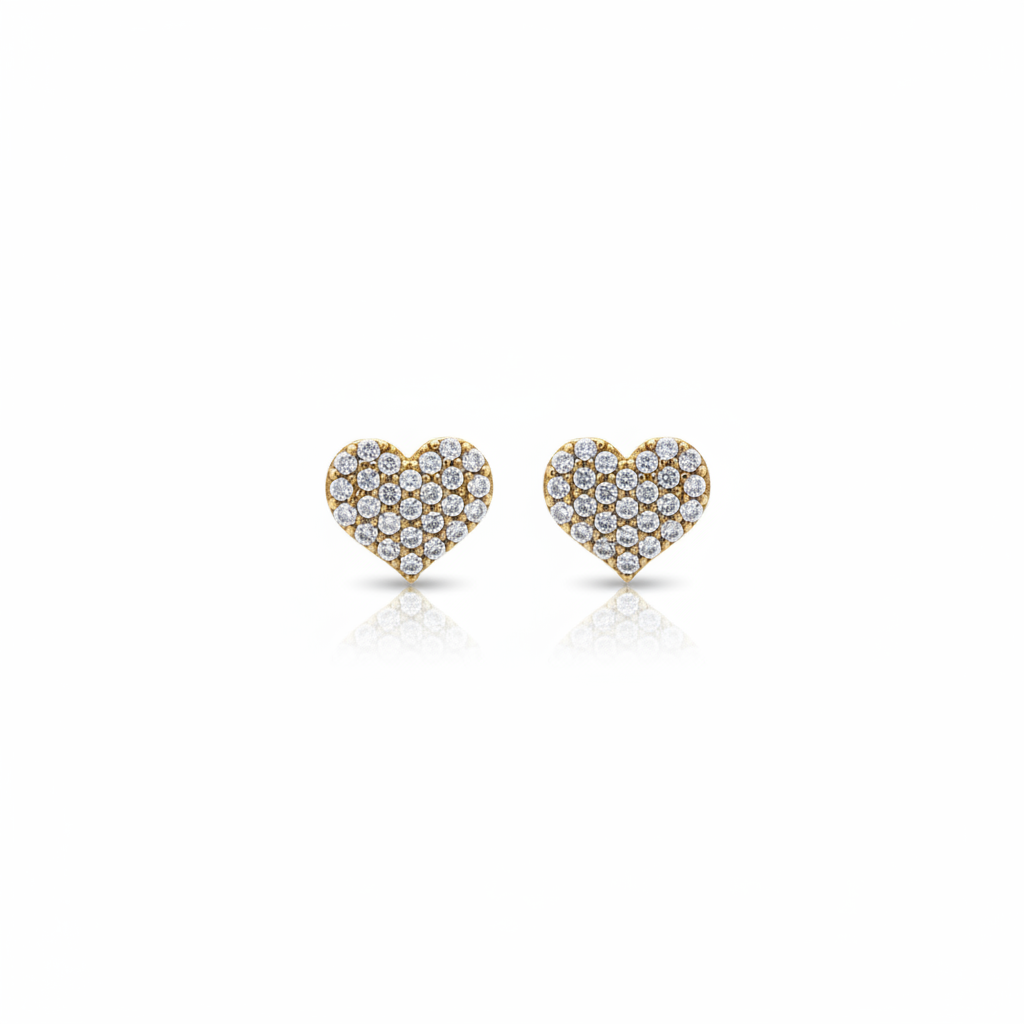 14k Gold Micropave CZ Heart Stud Earrings with Screwback