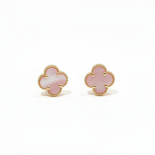 14k Gold Mother of Pearl Clover Stud Earrings with Beaded Border