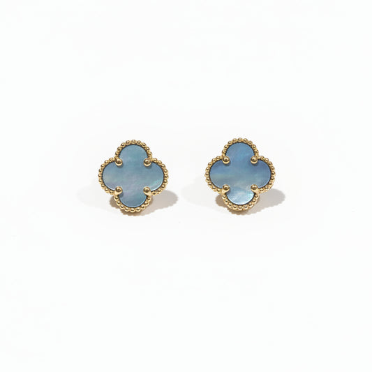 14k Gold Mother of Pearl Clover Stud Earrings with Beaded Border