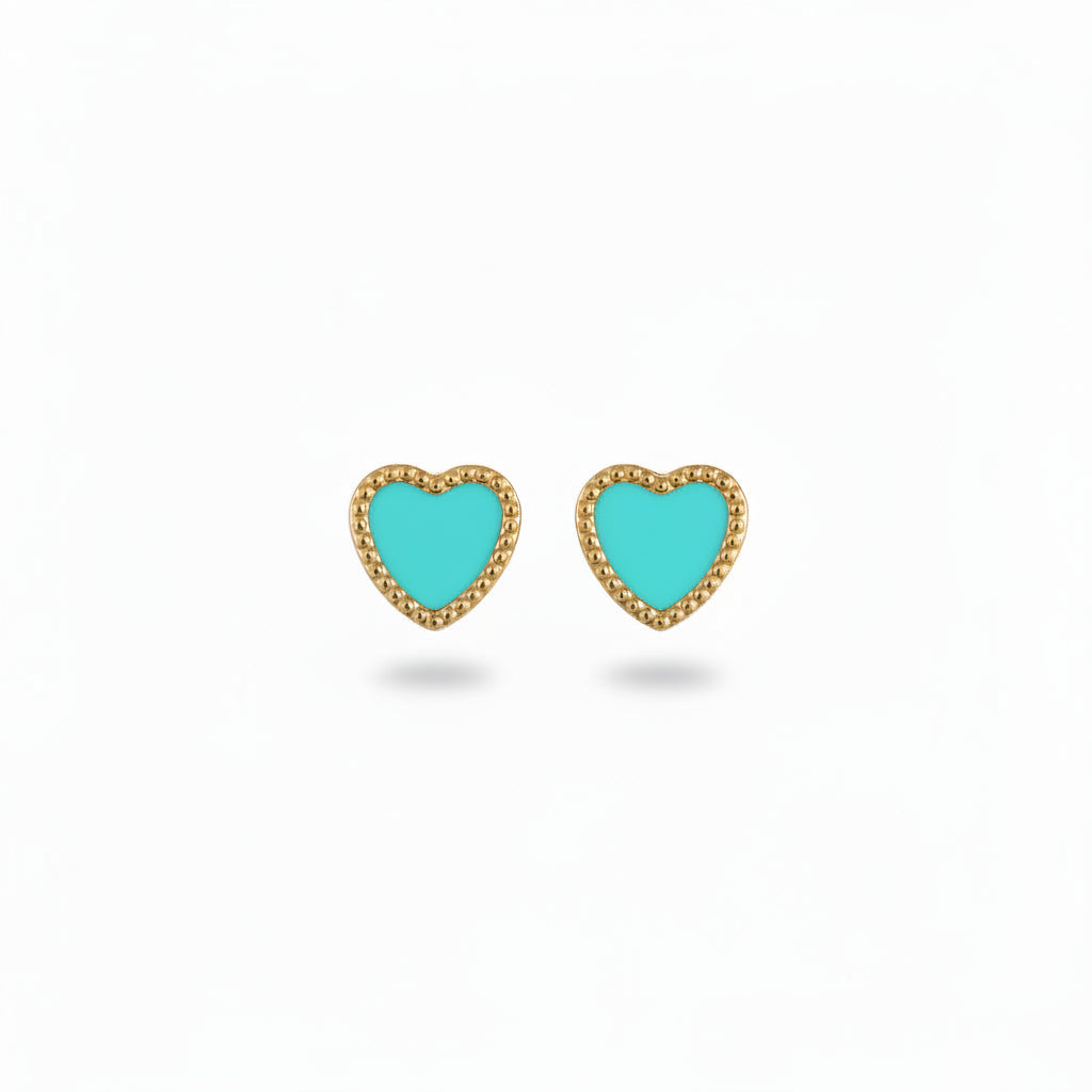 14K Gold Beaded Border Turquoise Heart Stud Earrings
