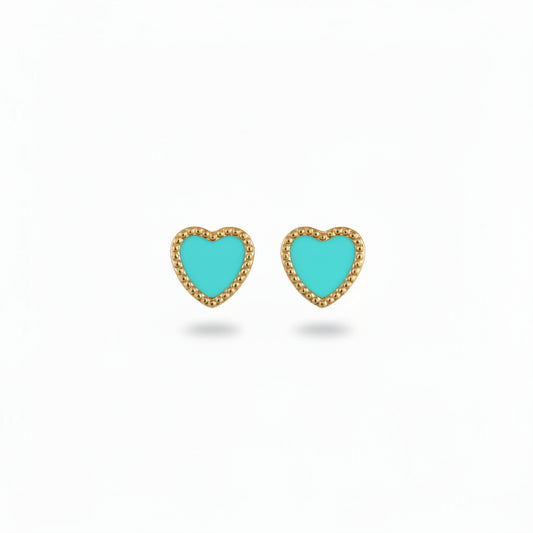 14K Gold Beaded Border Turquoise Heart Stud Earrings