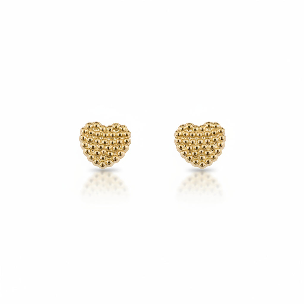 14K Gold Beaded Heart Stud Earrings with Screwback