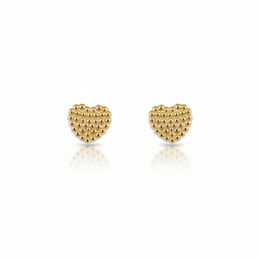 14K Gold Beaded Heart Stud Earrings with Screwback