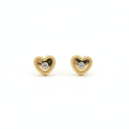 14K Gold Beaded Heart Stud Earrings with CZ and Screwback