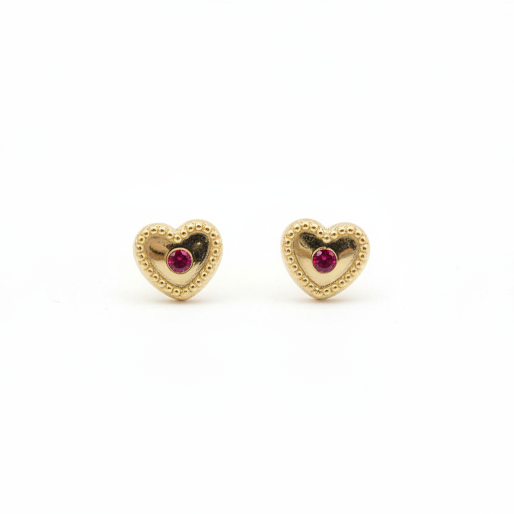 14K Gold Beaded Heart Stud Earrings with CZ and Screwback
