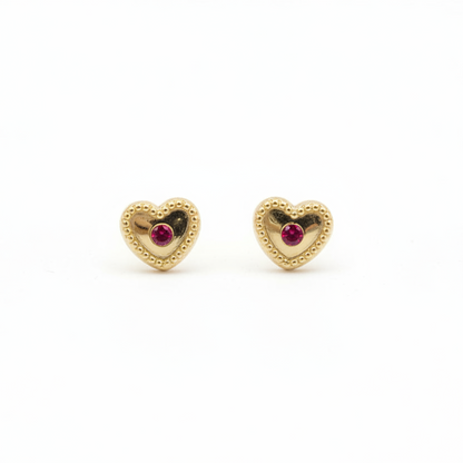 14K Gold Beaded Heart Stud Earrings with CZ and Screwback