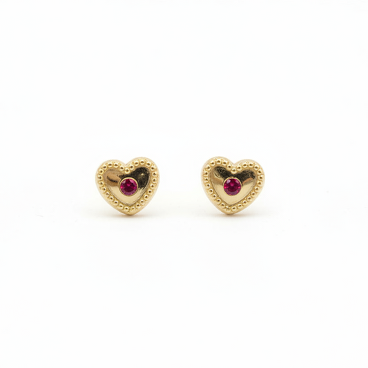 14K Gold Beaded Heart Stud Earrings with CZ and Screwback