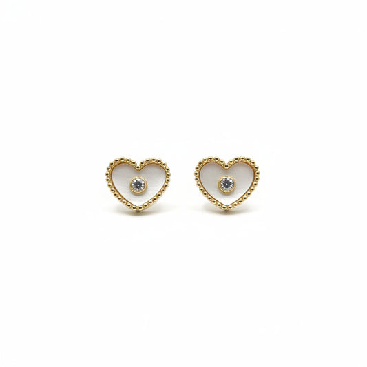 14K Gold Beaded Border Mother of Pearl Heart Stud Earrings with Screwback