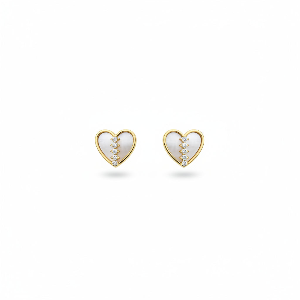 14K Gold Mother of Pearl Heart Stud Earrings with CZ Center Line - Screwback