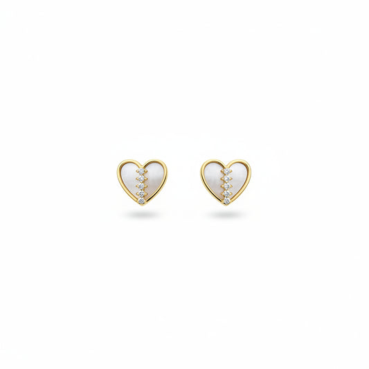 14K Gold Mother of Pearl Heart Stud Earrings with CZ Center Line - Screwback