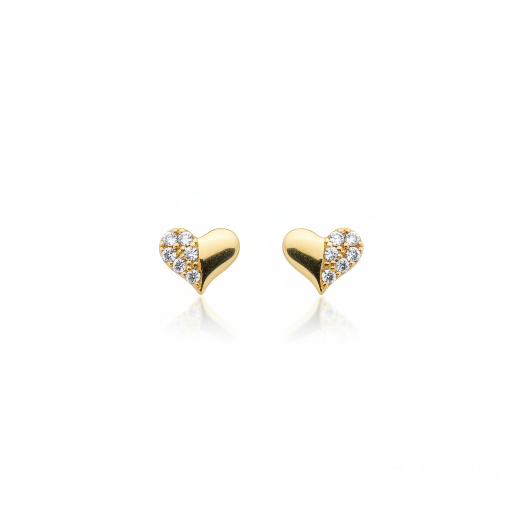14K Gold Half CZ Heart Stud Earrings - Screwback