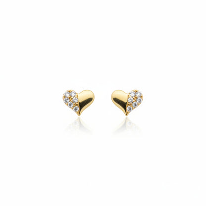 14K Gold Half CZ Heart Stud Earrings - Screwback