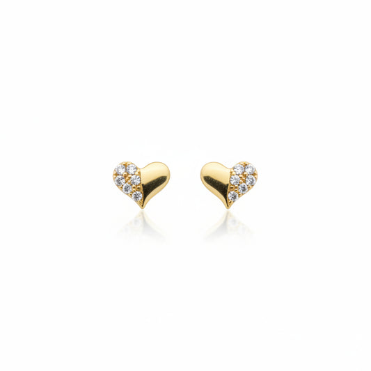 14K Gold Half CZ Heart Stud Earrings - Screwback