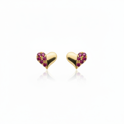 14K Gold Half CZ Heart Stud Earrings - Screwback