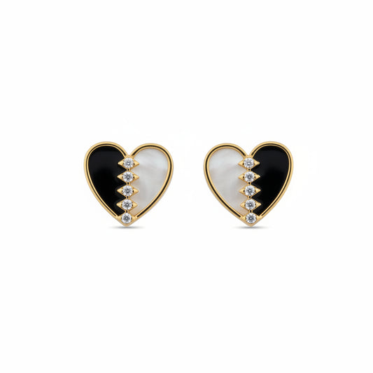 14K Gold Two-Tone Heart Stud Earrings - Mother of Pearl & Black Onyx - Screwback