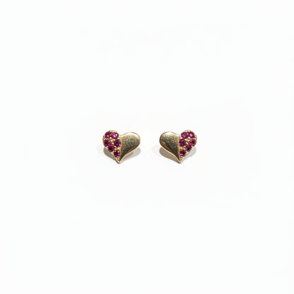 14K Gold Half CZ Heart Stud Earrings - Screwback