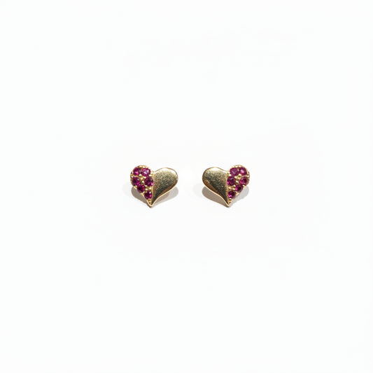 14K Gold Half CZ Heart Stud Earrings - Screwback