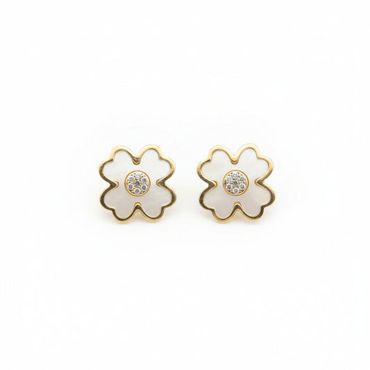 14K Gold Mother of Pearl Clover Stud Earrings with CZ