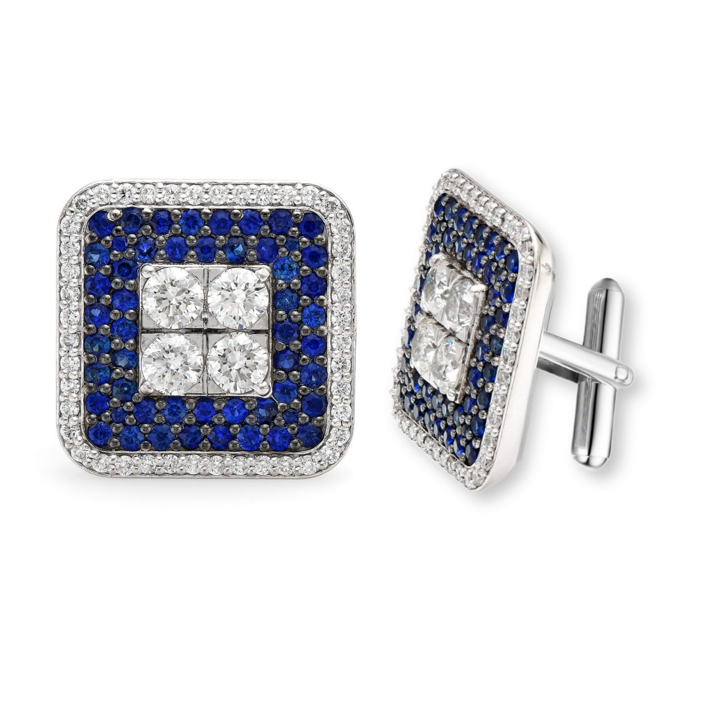 Rhodium Plated Sterling Silver Square Sapphire and Clear CZ Cufflinks