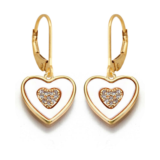 Gold Plated Framed Mother of Pearl Heart with Center Micropave Heart Surgical Steel Earrings