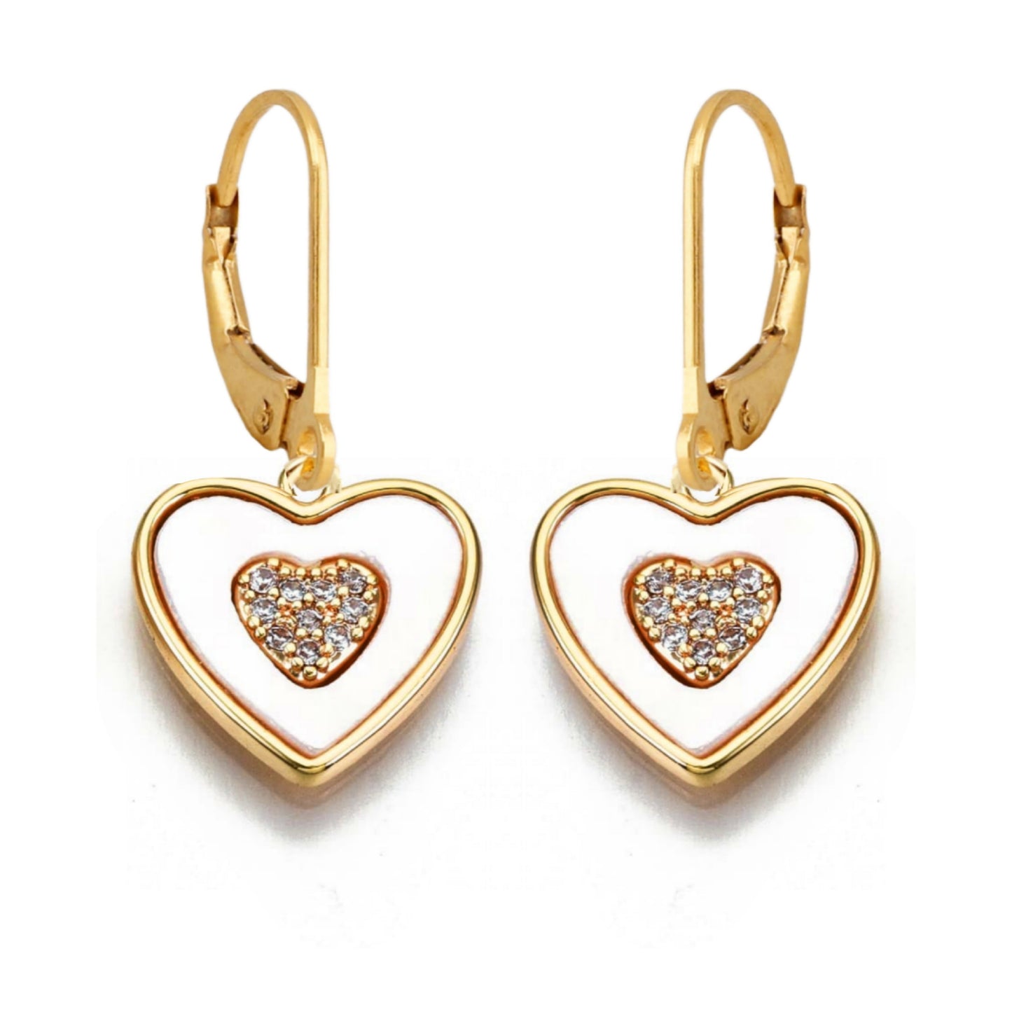 Gold Plated Surgical Steel Framed Mother of Pearl Heart with Center Micropave Heart Earrings