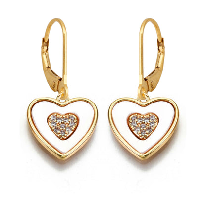 Gold Plated Surgical Steel Framed Mother of Pearl Heart with Center Micropave Heart Earrings