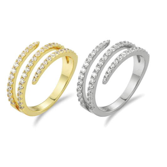 Sterling Silver Triple Swirl Bypass Micropave Ring in Rhodium Plated or Micron Gold Plated