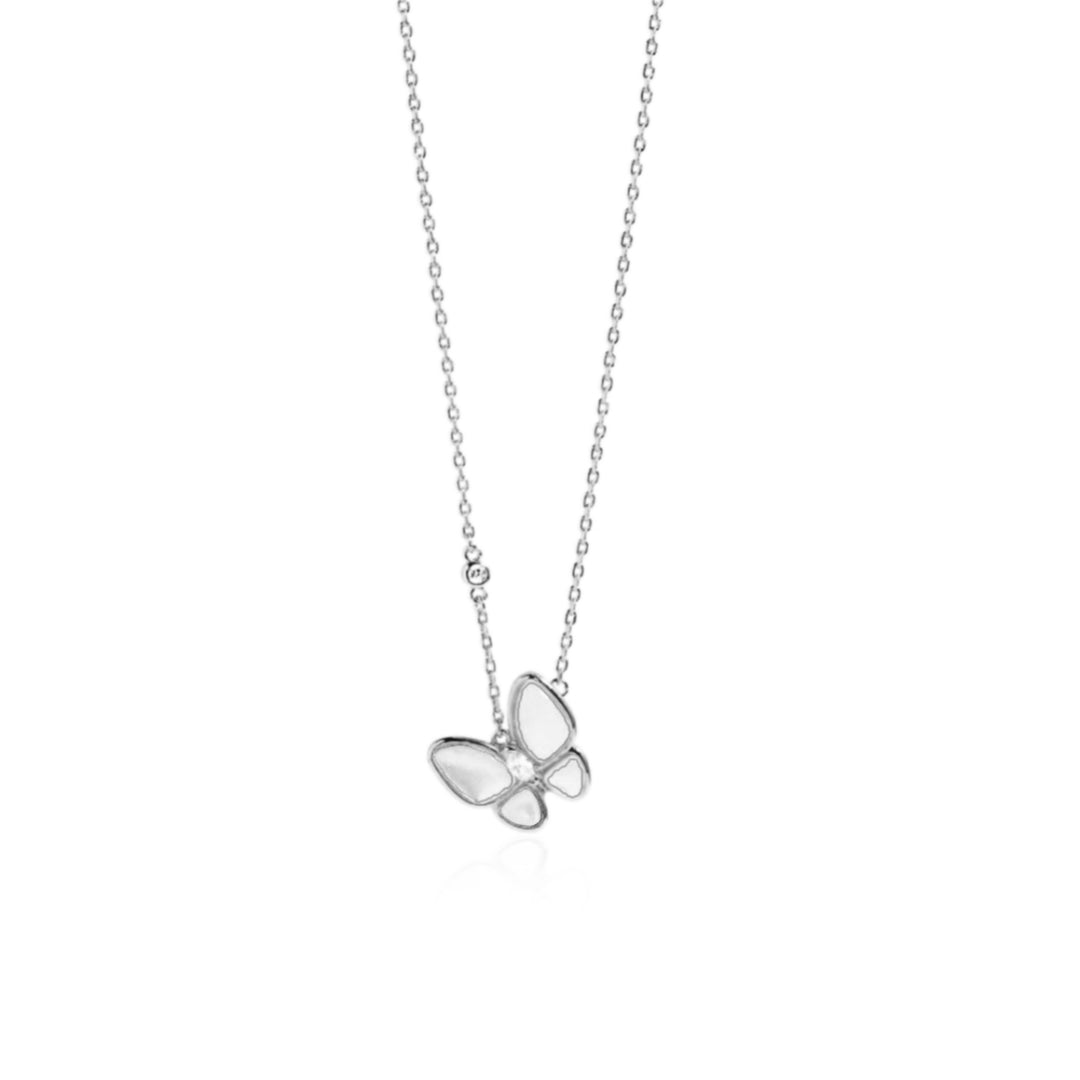 Sterling Silver Angled Mother of Pearl CZ Butterfly Necklace