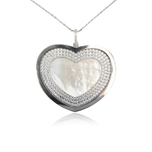 Sterling Silver Large Mother of Pearl Heart CZ Pendant Necklace