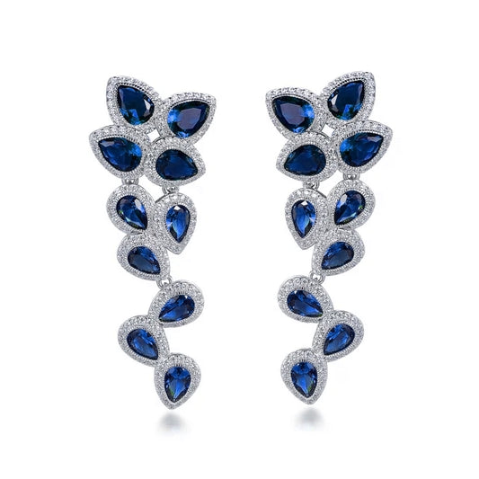 Rhodium Plated Sterling Silver Large Sapphire CZ Floral Earring