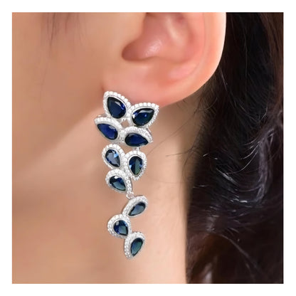 Rhodium Plated Sterling Silver Large Sapphire CZ Floral Earring