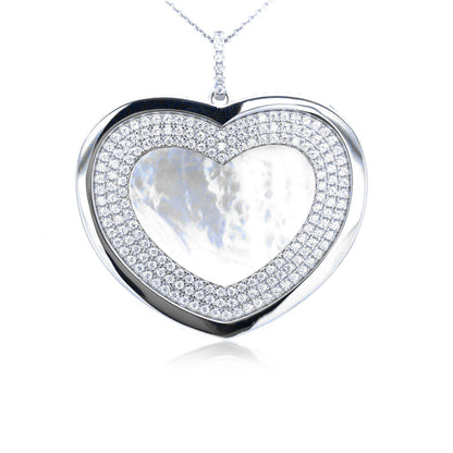 Sterling Silver Large Mother of Pearl Heart CZ Pendant Necklace