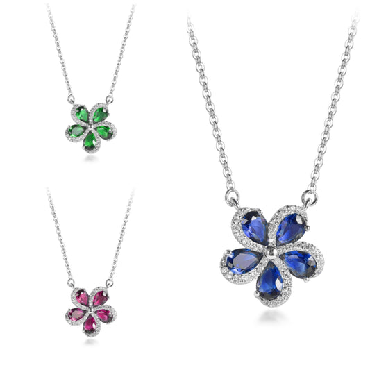 Sterling Silver 5 Color Stone Petal Micropave Swirl Flower Necklace