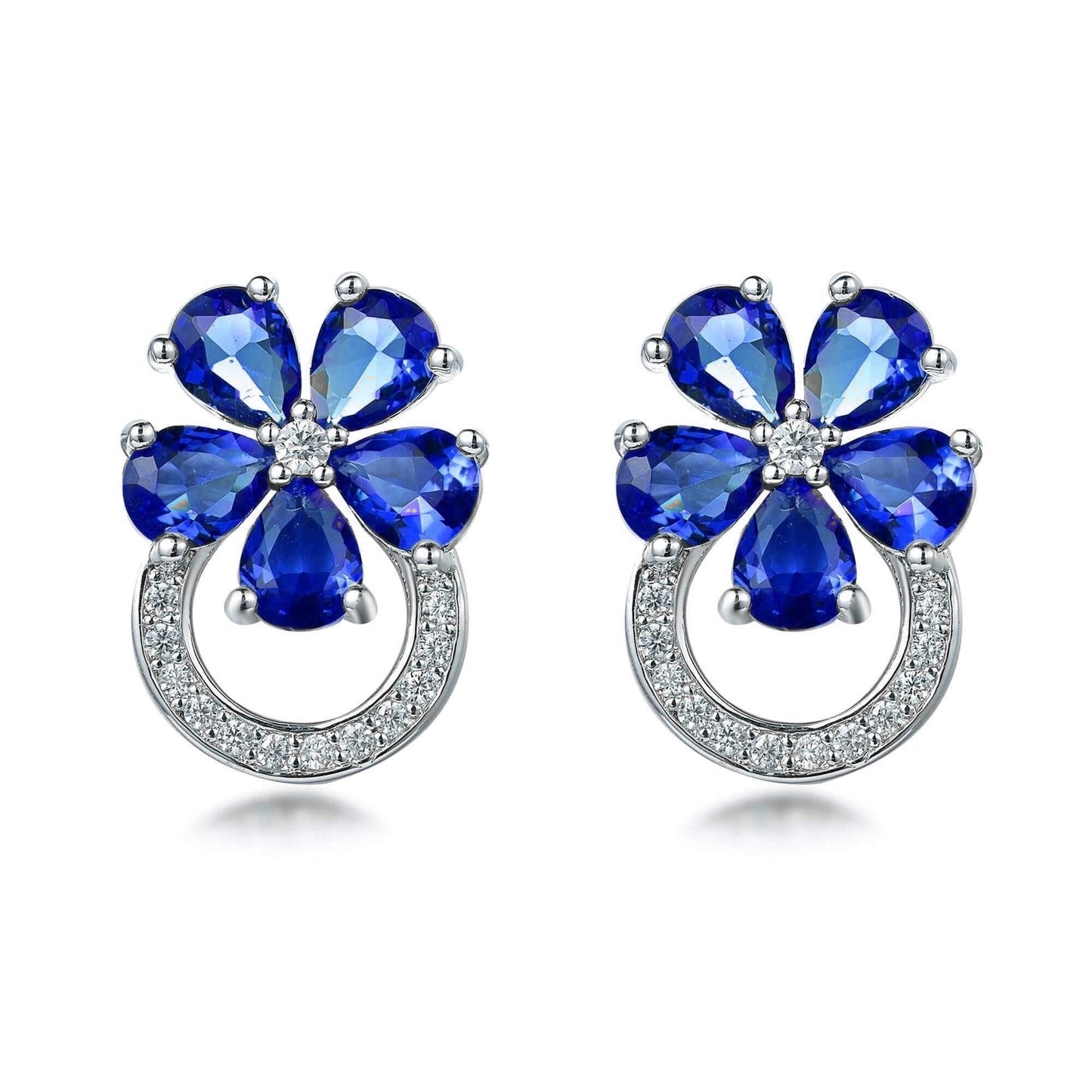 Rhodium Plated Sterling Silver Colorful Flower and Micropave Loop Stud Earrings