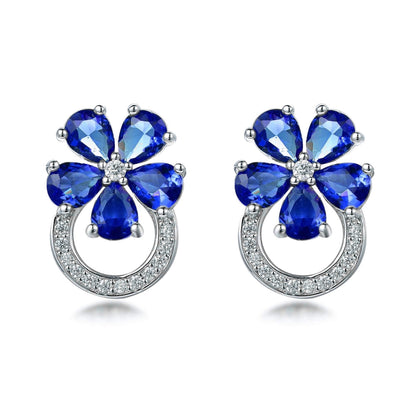 Rhodium Plated Sterling Silver Colorful Flower and Micropave Loop Stud Earrings