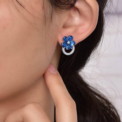 Rhodium Plated Sterling Silver Colorful Flower and Micropave Loop Stud Earrings