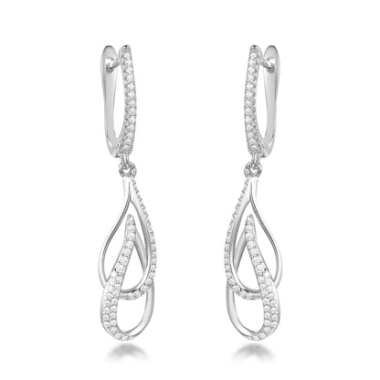 Sterling Silver Double Leaf on English Back Micropave Link Earrings