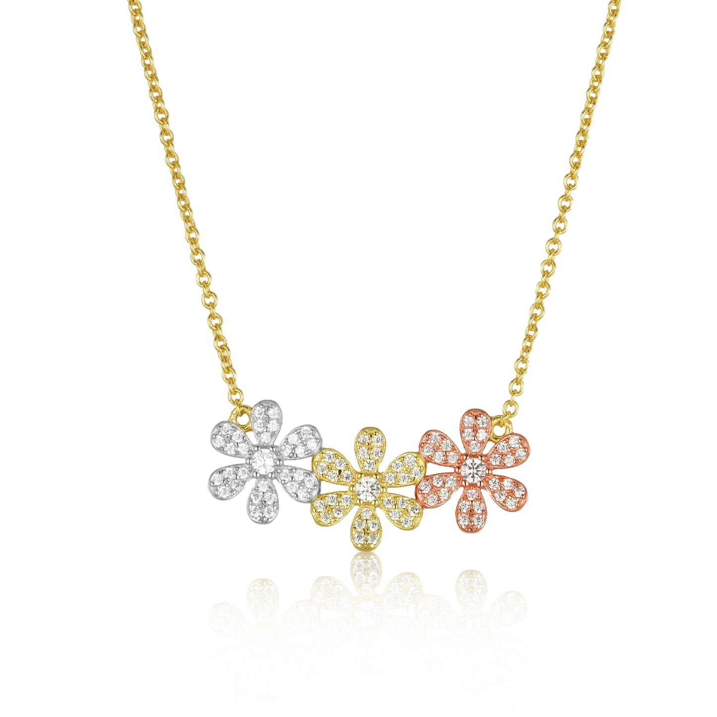 Sterling Silver Micropave CZ Triple Flower Necklace