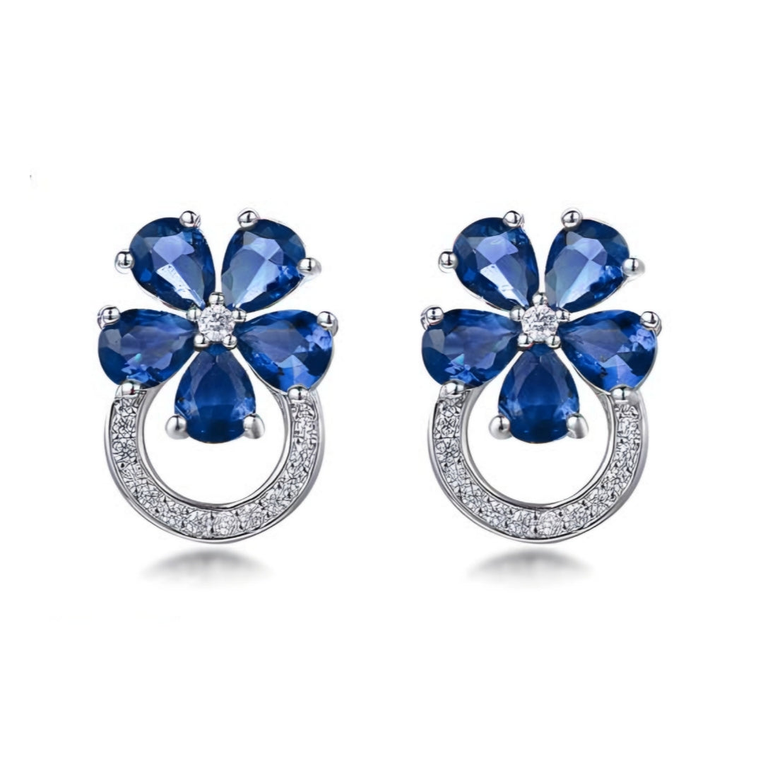 Rhodium Plated Sterling Silver Colorful Flower and Micropave Loop Stud Earrings